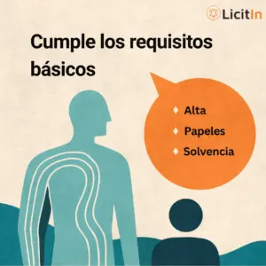 “¿Qué necesita una empresa nueva para licitar?” – LicitIn (InferIA). Visual con dos figuras: una explica requisitos básicos a otra.