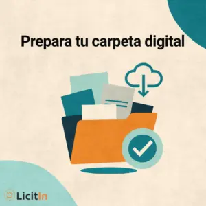 “¿Qué necesita una empresa nueva para licitar?” – LicitIn (InferIA). Carpeta abierta con documentos flotantes: poderes, escrituras, CVs, seguros.