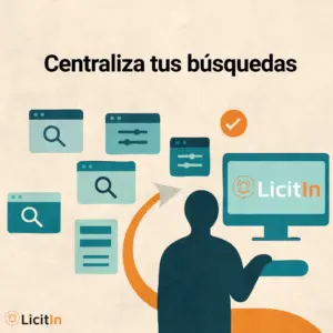 ¿Dónde se publican las licitaciones públicas en España? LicitIn (InferIA) – Visual de una figura centralizando múltiples portales en una única plataforma con el logo de LicitIn.
